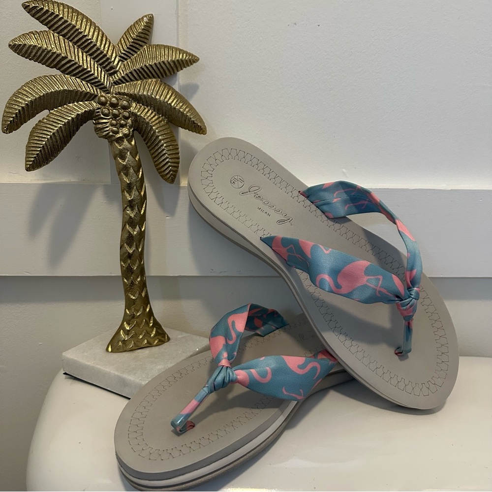Pink Flamingo and Blue Fabric Strap Flip Flops